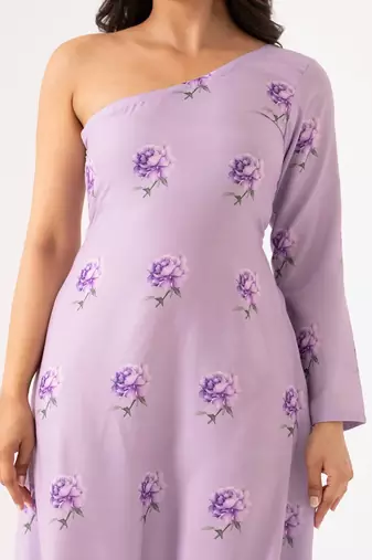 Lilac rayon cotton floral printed one shoulder jumpsuit