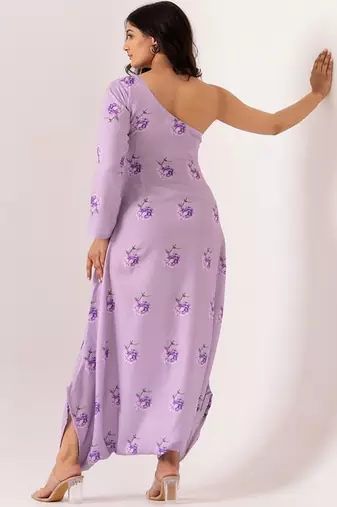 Lilac rayon cotton floral printed one shoulder jumpsuit