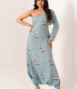 Blue rayon cotton floral printed one shoulder jumpsuit