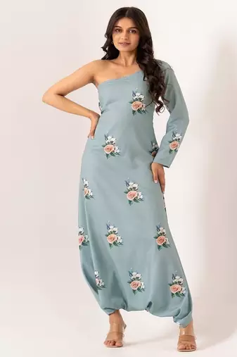 Blue rayon cotton floral printed one shoulder jumpsuit