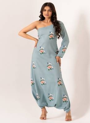 Blue rayon cotton floral printed one shoulder jumpsuit 4