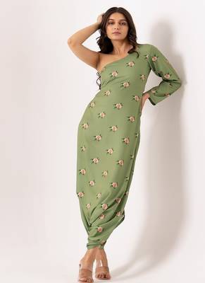 Green polyester floral printed one shoulder jumpsuit 1