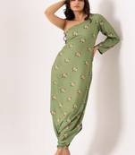 Green polyester floral printed one shoulder jumpsuit