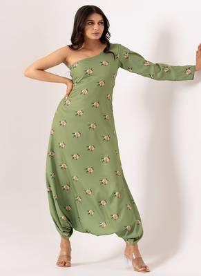 Green polyester floral printed one shoulder jumpsuit 2