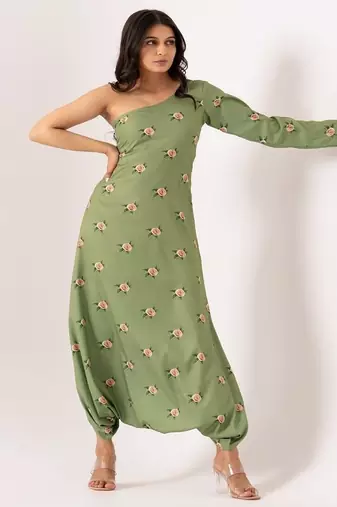 Green polyester floral printed one shoulder jumpsuit