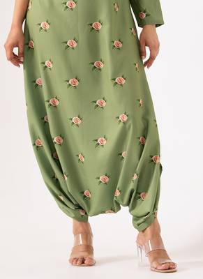 Green polyester floral printed one shoulder jumpsuit 3