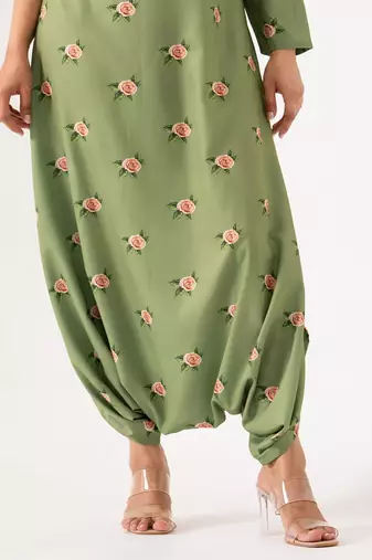 Green polyester floral printed one shoulder jumpsuit