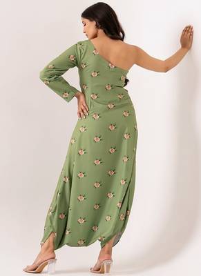 Green polyester floral printed one shoulder jumpsuit 4