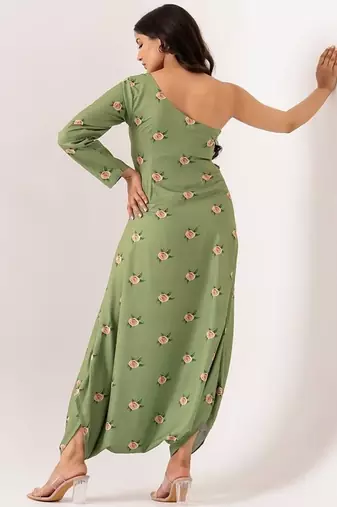 Green polyester floral printed one shoulder jumpsuit