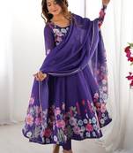 Vibrant Floral Border Anarkali Suit in Purple with Dupatta
