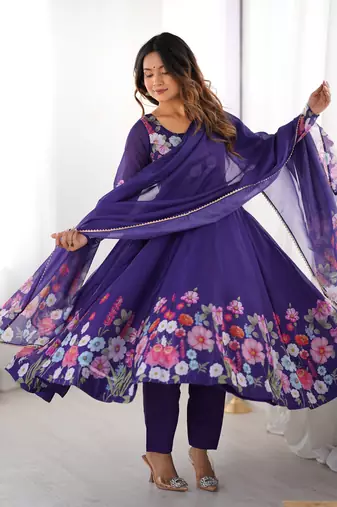 Vibrant Floral Border Anarkali Suit in Purple with Dupatta