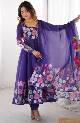 Vibrant Floral Border Anarkali Suit in Purple with Dupatta 3