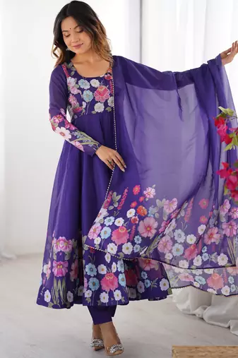 Vibrant Floral Border Anarkali Suit in Purple with Dupatta