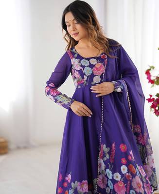 Vibrant Floral Border Anarkali Suit in Purple with Dupatta 6
