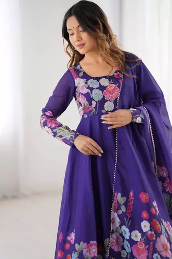 Vibrant Floral Border Anarkali Suit in Purple with Dupatta