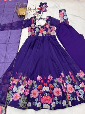 Vibrant Floral Border Anarkali Suit in Purple with Dupatta 7