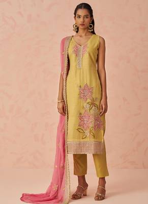 Yellow fancy crush embroidered salwar suit 1