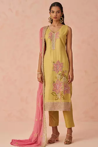 Yellow fancy crush embroidered salwar suit