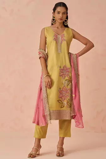 Yellow fancy crush embroidered salwar suit