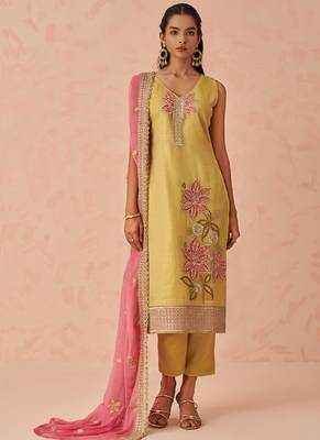 Yellow fancy crush embroidered salwar suit 4