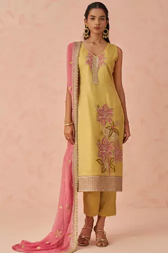 Yellow fancy crush embroidered salwar suit