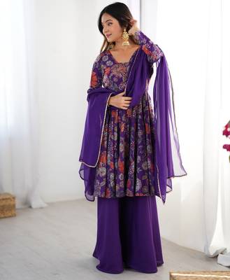 Elegant Printed Anarkali Suit in Purple with Flared Palazzo Pants 1