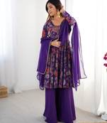 Elegant Printed Anarkali Suit in Purple with Flared Palazzo Pants