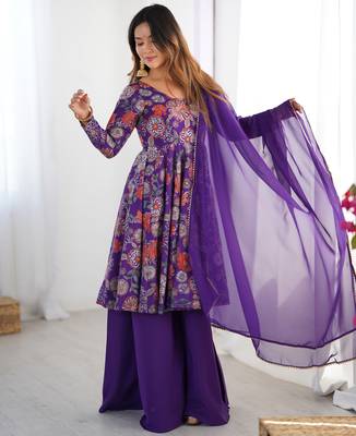 Elegant Printed Anarkali Suit in Purple with Flared Palazzo Pants 4