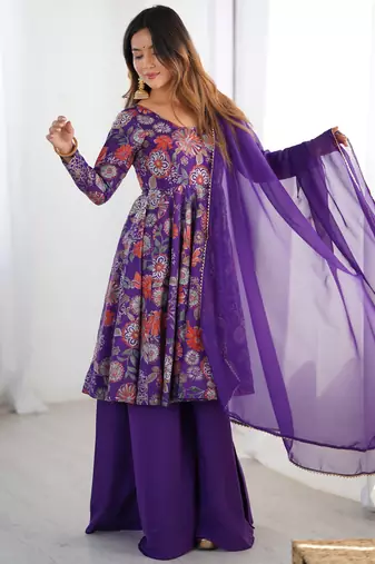 Elegant Printed Anarkali Suit in Purple with Flared Palazzo Pants