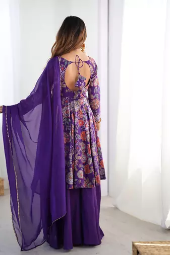 Elegant Printed Anarkali Suit in Purple with Flared Palazzo Pants