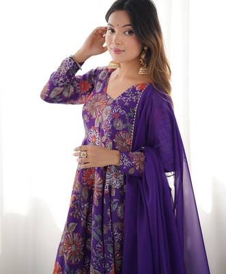 Elegant Printed Anarkali Suit in Purple with Flared Palazzo Pants 6