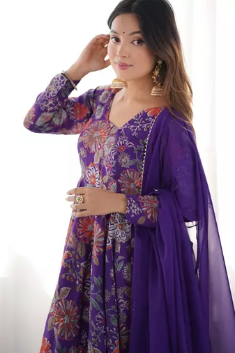 Elegant Printed Anarkali Suit in Purple with Flared Palazzo Pants