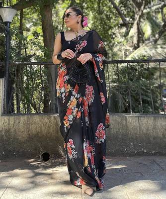 Black floral printed georgette saree 1