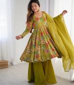 Olive Green Anarkali Suit with Colorful Floral Print
