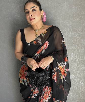 Black floral printed georgette saree 2