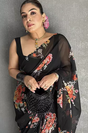 Black floral printed georgette saree