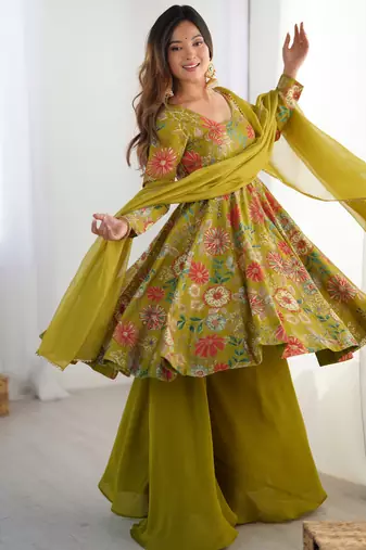 Olive Green Anarkali Suit with Colorful Floral Print