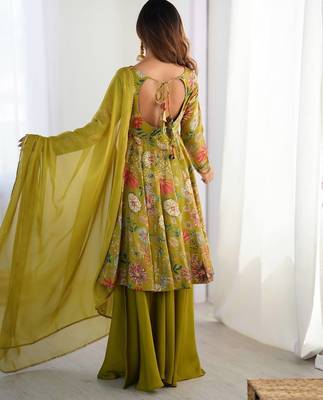 Olive Green Anarkali Suit with Colorful Floral Print 4