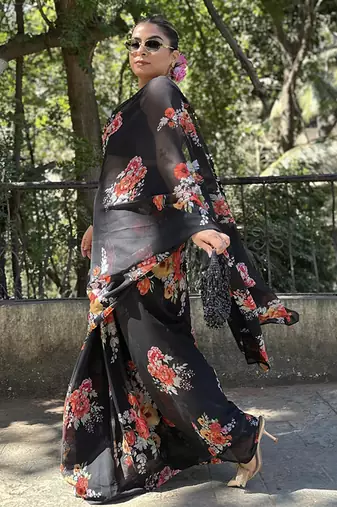 Black floral printed georgette saree