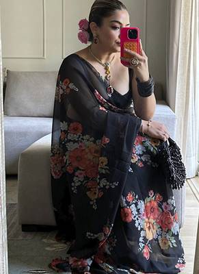 Black floral printed georgette saree 4