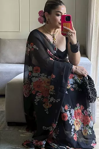 Black floral printed georgette saree