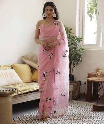 Pink plain organza saree with panda hand embroidery 1