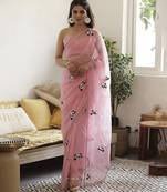 Pink plain organza saree with panda hand embroidery