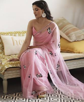 Pink plain organza saree with panda hand embroidery 2