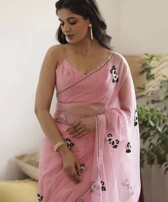 Pink plain organza saree with panda hand embroidery 3