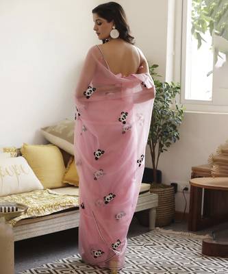 Pink plain organza saree with panda hand embroidery 4