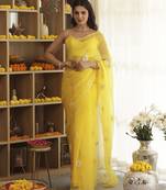 Yellow plain organza saree with daisy hand embroidery