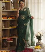 Green plain organza saree with sunflower embroidery