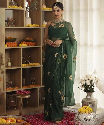 Green plain organza saree with sunflower embroidery 2