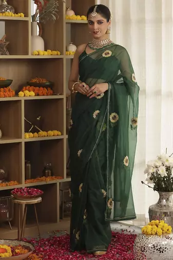 Green plain organza saree with sunflower embroidery